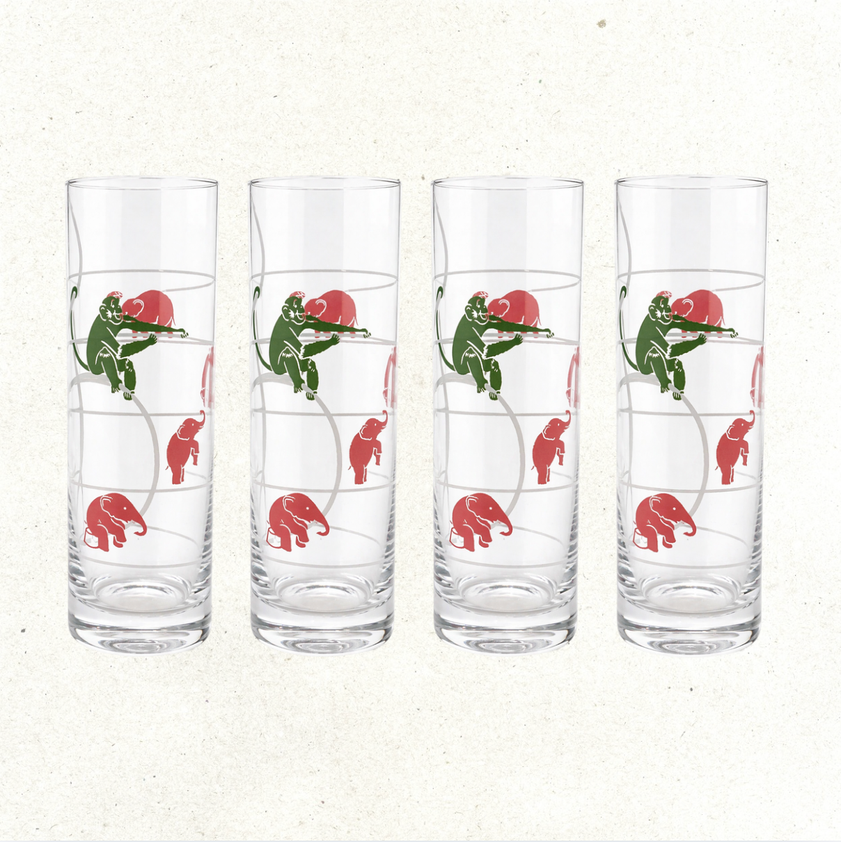 Vintage Monkey & Elephant Highball Glass - Set of 4