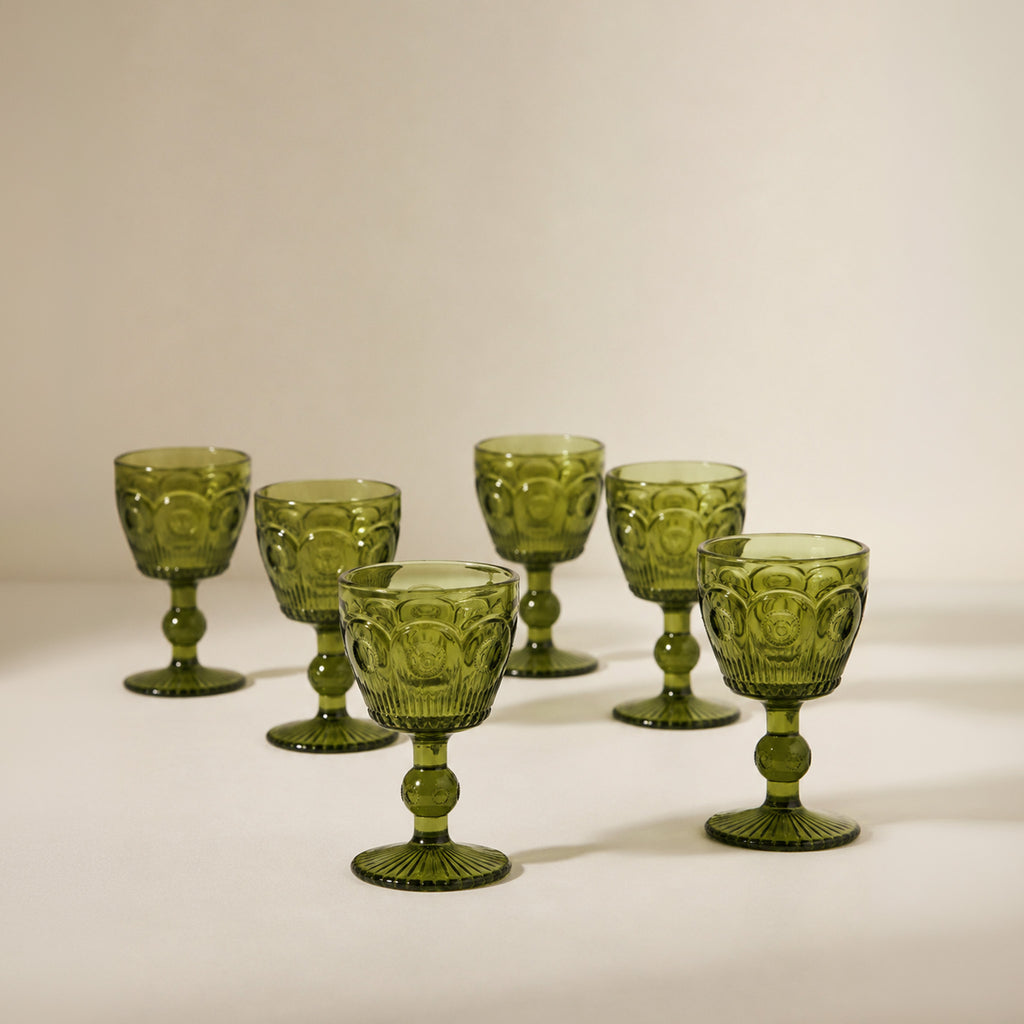 Vintage Green Embossed Goblet - Set of 6