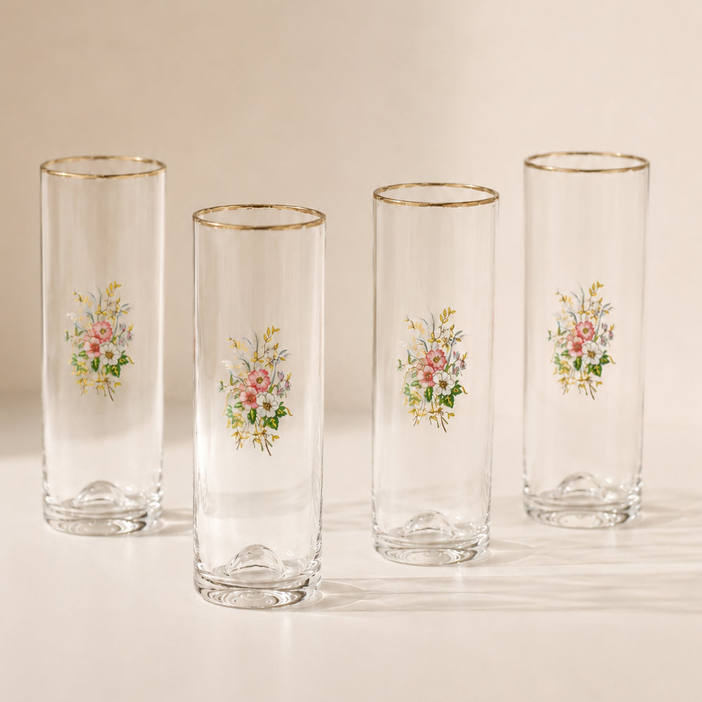 Vintage Floral Highball Glasses - Set of 4